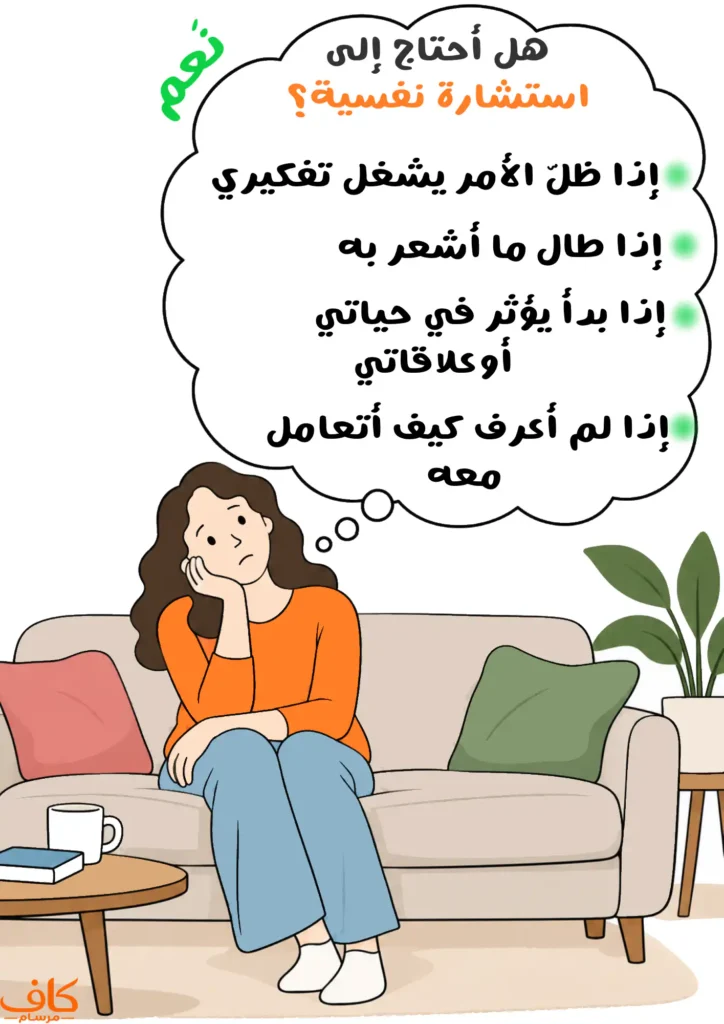 رسمة توضيحية لامرأة تجلس على الأريكة في حالة من الحيرة والضيق النفسي، وتتساءل عما إذا كانت تحتاج إلى استشارة نفسية، مع مؤشرات مثل استمرار الضيق، انشغال التفكير وتأثير المشاعر في الحياة والعلاقات.